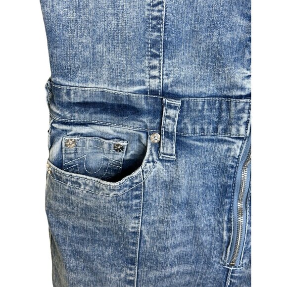 True Religion Denim Jumpsuit Womens XL Blue Front Zip Slit Distressed Overalls - Picture 10 of 14